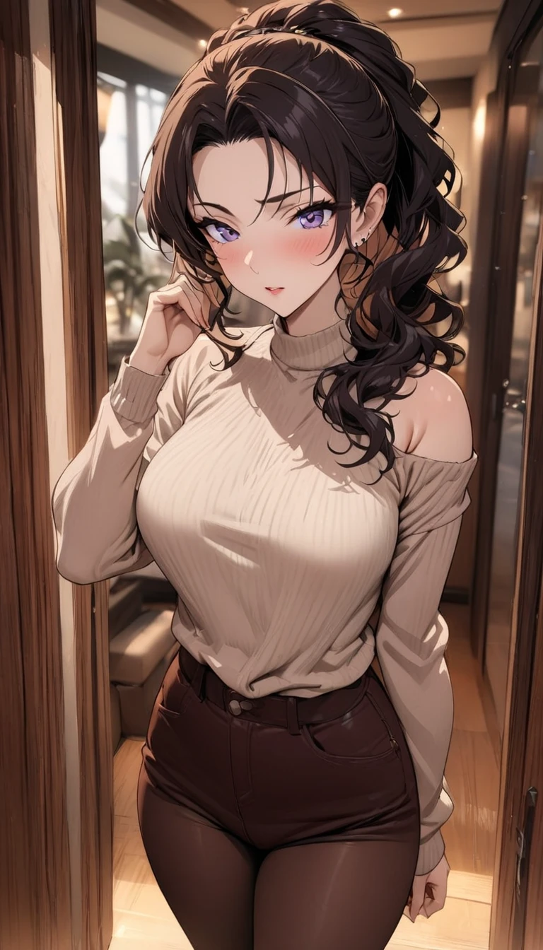 (Highest quality, High resolution, Masterpiece, 4K), (Soft light、Luster of hair、Beautiful eyes)、young woman、The whole body is visible、Adorable smile、 ((Wavy medium short hair, bangs, Chestnut Hair)), ((Wistful eyes、Gray Eyes, Perfect Eyes)), ((Detailed face, blush:1.1)), ((Smooth texture:0.75, Realistic texture:0.65, Realistic:1.1, Anime CG Style)),Medium chest、Glamorous Body、(Sexy thighs、I see beautiful legs)、(Orange mini skirt,Off-the-shoulder sweater),Earrings、Angle from the front、Peeking into this、Sweater hem out、Angle from below