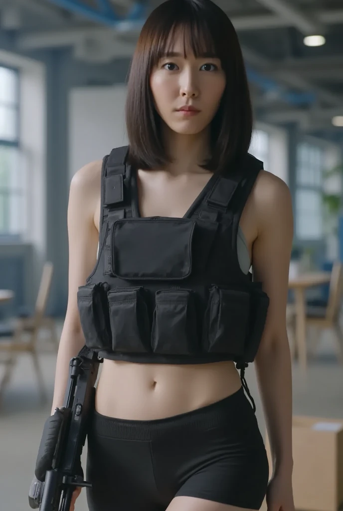 ((The highest Quality, 16k, Masterpiece), female:1, full body shot, Mature Woman, Emphasized, sit down on the floor, (Shabby and Messy abandoned house), (yawn and closed eyes face with squat pose), (zoom out angle), High Definition, High Resolution, Portrait, Japanese, ultra huge cleavage, (hyper realistic shaved armpits), (wearing bulletproof vest only for upper body, leggings, exposed huge cleavage from vest),