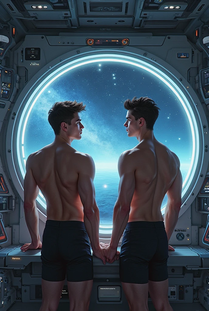 Photorealistic, twins, ((best quality)), ((masterpiece)), (detailed),masculine portrait of geminis, personificatioin of GEMINIS, (idenitcal twins:1.45), alike twins, looking exactly the same twins, 18-year-old male twins models, handsome, tall, cute looking twins, evil look, dark look, powerful, 2 young identical male twins, handsome models, super strong, muscular, fit, massive muscles, six pack, clean shave, green eyes. (short curly messy brown hair:1.4), messy curly hair, shirtless, barechested, muscule, ripped, strong body, fit body, brothers, fully naked, nude, naked, penis, cock, dick, balls, testicles, scrotum, highlands scotland, green fields, constellations, Mercury, galaxies, 8k, high detailed, ultra-detailed, Stylish Pose, real skin texture, dark cinematic lighting, ancient outerspace, constellation, galaxies, stars in the background
