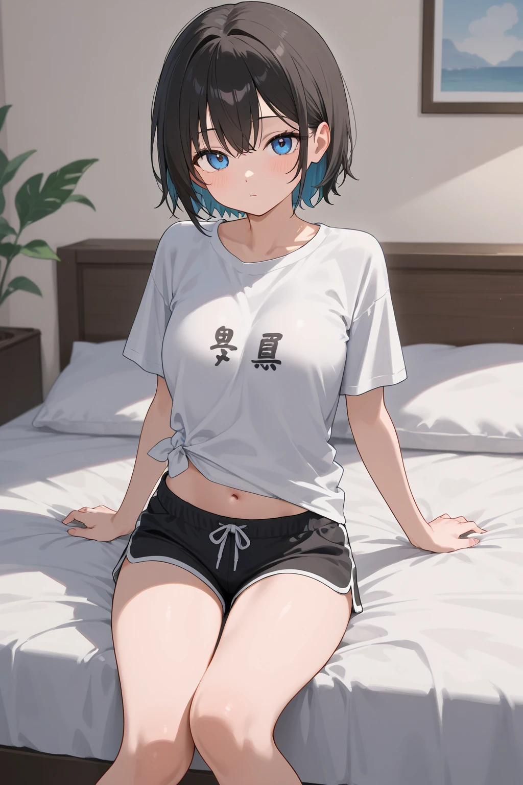 childish, big ass, young girl, small breasts, flat chest, small girl, small clothes, sweaty, steamy, ass, short hair, wide hips, laying on bed, exposed belly, cameltoe, puffy pussy, big hips, small shoulders, childish body