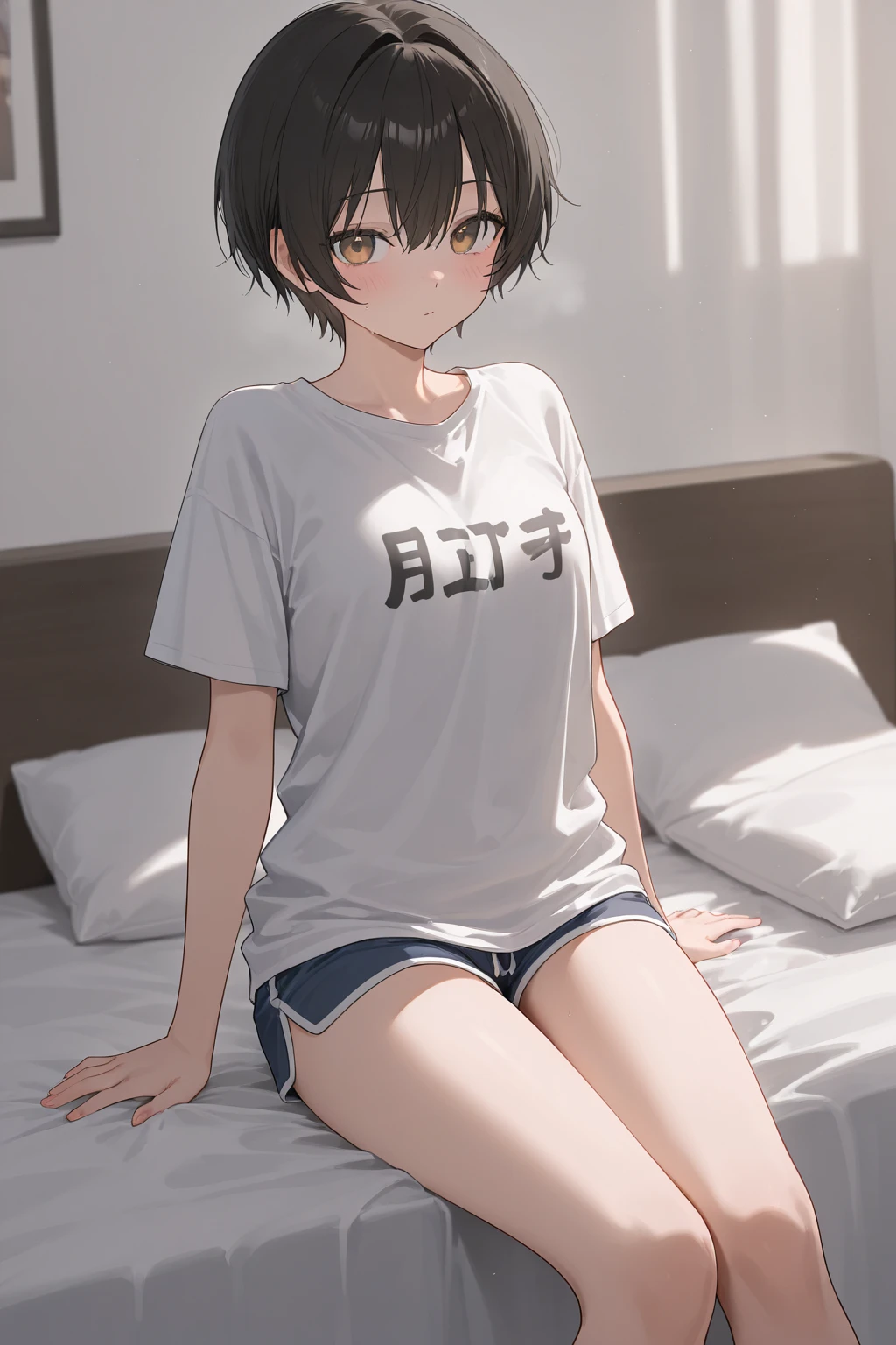 super fine illustration, vibrant colors, masterpiece, sharp focus, best quality, depth of field, cinematic lighting, ultra detailed, short sleeves, t shirt, skirt, belly button, midriff, wide hips, 1 woman, home, solo, milf, slender, blush, annoyed, casual, mature female, tall body, looking down,