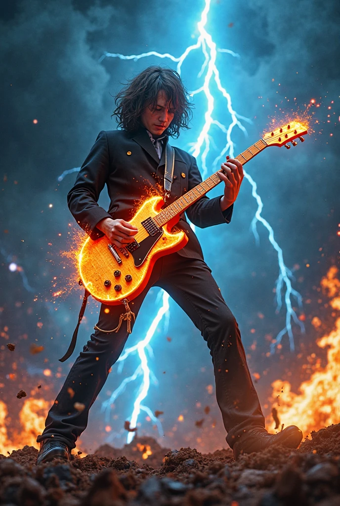 create the image of angus young playing a gibson sg guitar on fire as the world ends, the dark sky causing a climate of catastrophe while blue rays fall causing destruction
