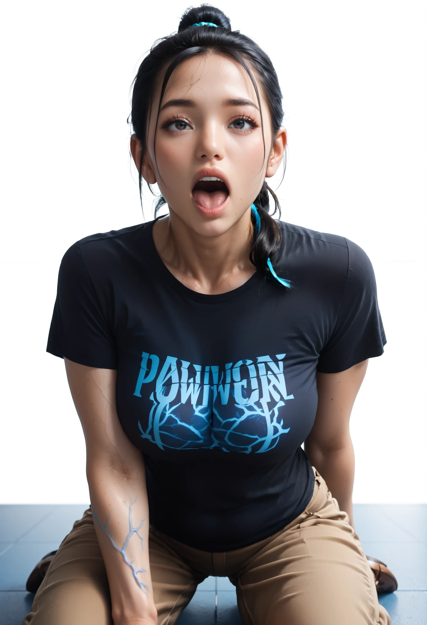 2heads, Extra arms, a woman posing for a picture, blue tank top, curvy arms, incredibly beautiful, strong pose, very beautiful, arms to the side, 4 arms and 2 legs!, curvy arms, multiple arms, armpits fused to shoulders, normal hands, slender body, vietnamese