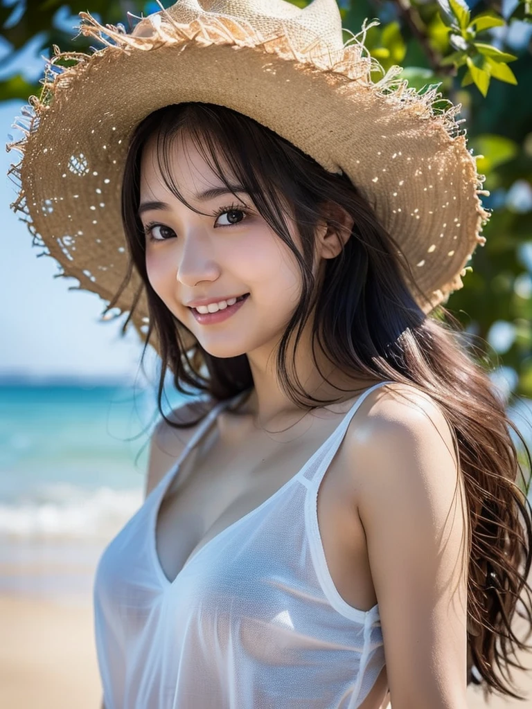 masterpiece,best quality,(Japanese ),((Beautiful girl)),cleavage,(perfect body beauty:1.2),(shy smile),beautiful teeth,(straw hat),(in the park),