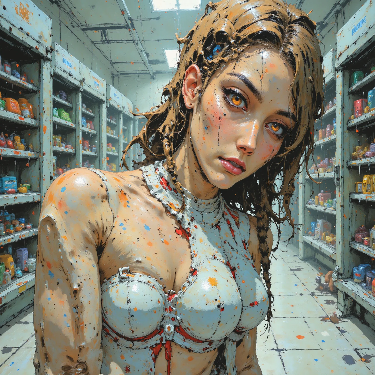 Masterpiece, Best Quality, Super Detailed, High Definition, HDR, a beautiful shopping at a supermarket, Milf, toned body, vegetable isle at the supermarket, cleavage, toned midriff, dynamic action pose, beautiful detailed eyes,beautiful detailed lips,extremely detailed eyes and face ,longeyelashes, dynamic movement, dramatic lighting,vibrant colors,cinematic composition, n