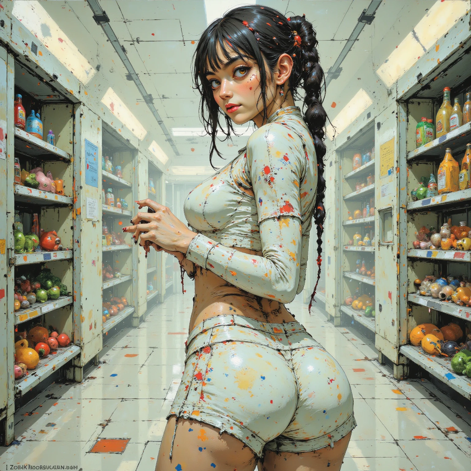 Punk girl, green hair, sexy naked, full body, in the middle of a small candy store, facial cumshot, body cumshot, full of semen all over her body, semen, a lot of semen, semen on the face, semen on the body, art by Bill Sienkiewicz, intricate details, oil painting.