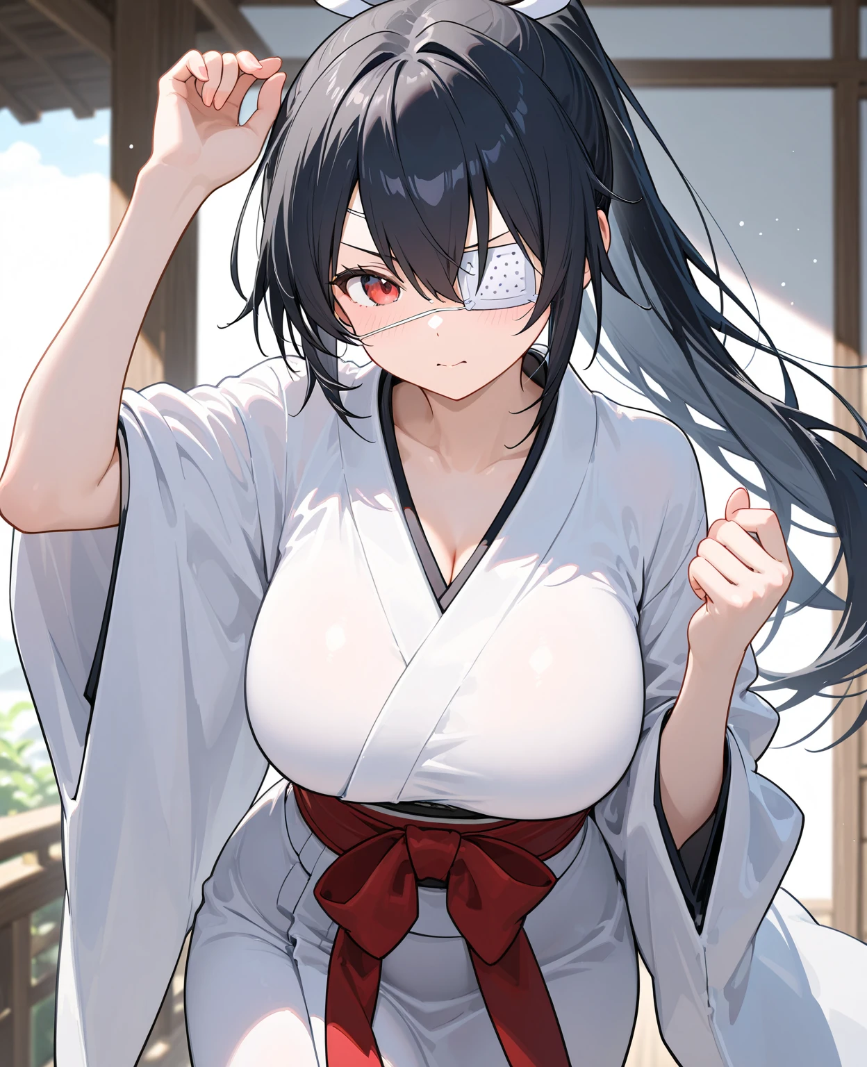 ((best quality)), ((Meisterwerk)), (Detailliert), Perfektes Gesicht, white kimono, long red skirt, long silky black hair with bangs, burn scar across her face, big breasts, cleavage, squeezing breasts, ahegao / rolling eyes, big butt, small waist, wide hips