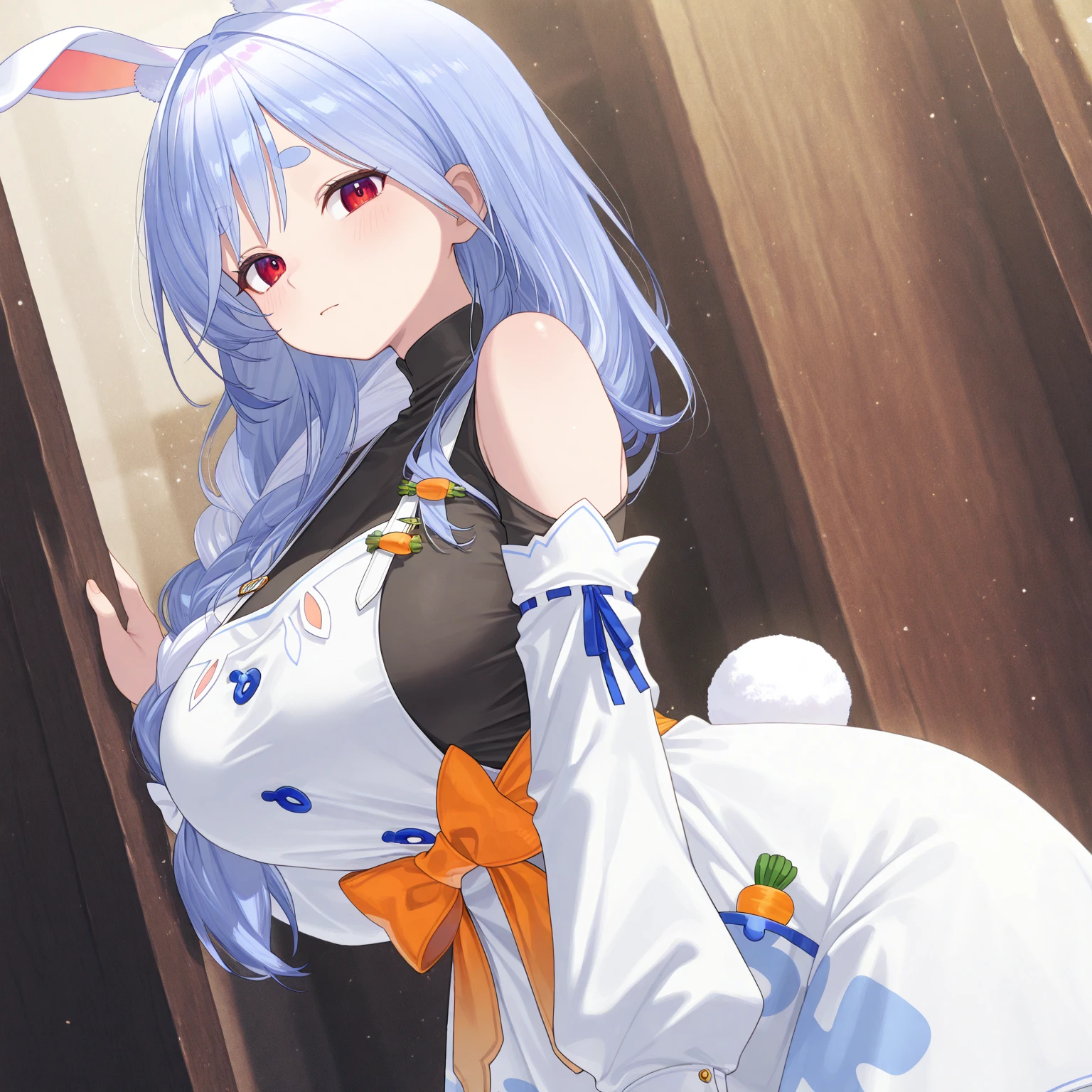 1 girl, alone, mio takamiya, ((masterpiece)), (best quality), official art, extremely delicate and beautiful, detailed, ultra detailed, beautiful detailed eyes, detailed face, standing, interior, room, bedroom , cowboy photo, looking at viewer, looking down, from behind, focus on ass, point of view (from below), smile, very long hair, messy hair, silver hair, hair ornament, two flowers for the hair, locks, hair between the eyes, blue eyes, jewelry, white playboy bunny outfit, black headband, black bunny ears, black pantyhose, black heels, big breasts, medium waist, wide hips, medium thighs, round butt, hand on the waist, perfect anatomy perfect hands