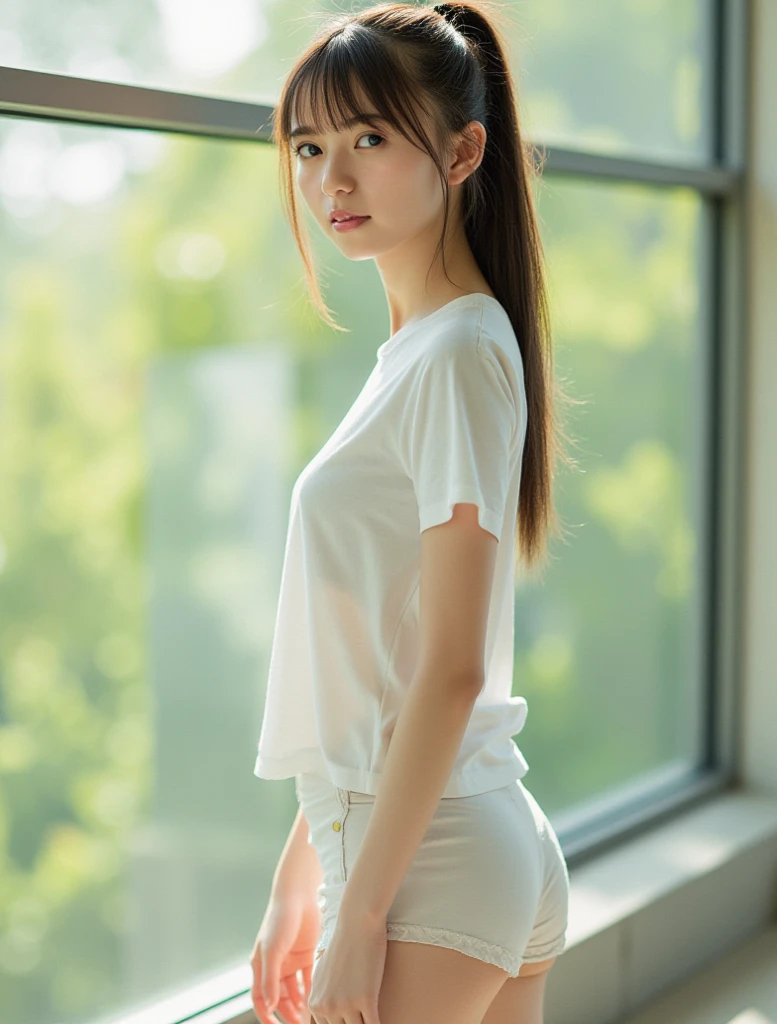 Woman、(((Hands behind back with wrists crossed)))、(My wrists are tied with rope)、Beauty、Well-formed face、Shiny long black hair、Make your eyes even、Inside the hotel room、From behind、Show your whole body、White short sleeve shirt、Navy Semi-Long Skirt、Panty lWearing pumps、Standing in front of the window、Age 25、Mediuld、Like a real photo、Highest quality, light brown hair, straight hair, shiny hair, parted lips, seductive smile, Surrealism, Hyperrealism, Verism, cinematic lighting, tachi-e, first-person view, from behind, Nikon, UHD, anatomically correct, best quality, highres, 8k