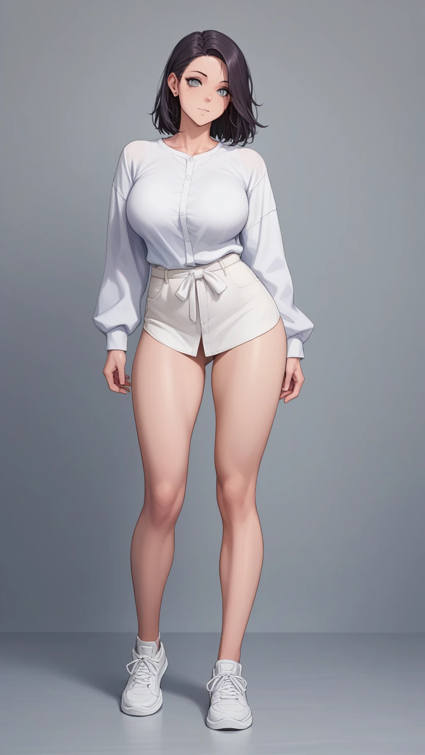 1girl, 30 years old, mature, brown hair, ponytail, (topless:1.1), (hotpants and belt:1.4), boots, as pvc figure, looking at viewer, perfect hands, medium sagging breast, navel, belly button, (Thick body:1.3), ultra realistic digital art, a 3D render, photorealism, clean scene, white background, shinny floor, white floor, circular stand, high detailed, masterpiece,