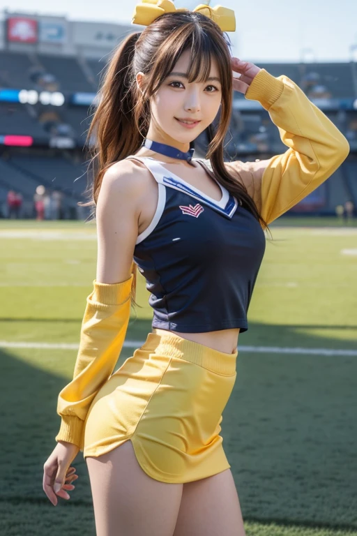 masuter piece, best qualtiy, ((realisitic)), ((1 person)), 8K picture quality, extremely delicate and beautiful, magnifica, Official art with attention to detail, Ridiculous, unbelievable Ridiculous, huge filesize, ultra-detailliert, ighly detailed, (Beautiful petite girl), (detailed girl), (Korean  beauty), Brown hair, ((poneyTail)), ((Perfect female figure)), large full breasts, Slim waist, big butts, (((Cheerleading costume with yellow and navy blue lines, Mini flared skirt))), High exposure, With bangs, Feminine look, (ssmile), (Gymnasium)