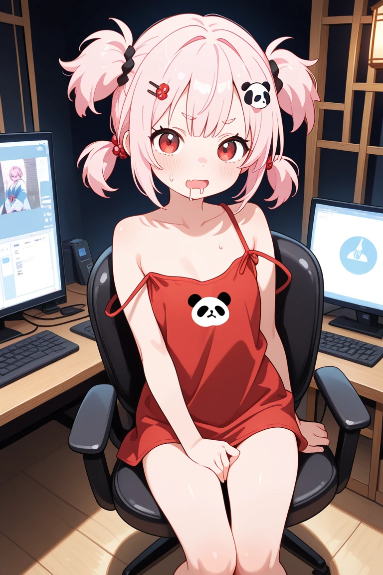 furry girl, young, rabbit, pink hair, emo hairstyle, long ponytail, anime style, flat chest, small breasts, red eyes, ((yellow hoodie jacket, open clothes, pink bikini)), high quality, detailed body, detailed eyes, detailed face, masterpiece, glistening body, detailed body fur, best quality, one tone body fur, white body fur, skinny, rabbit ears, :3, looking at you, full body, feets whit three toes, room, pc, tv, keyboard, studio, sit on chair,