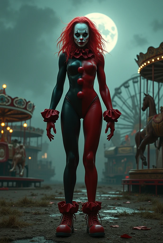 terrifying clown supervillain in a red and black suit , She's in an abandoned nighttime amusement park