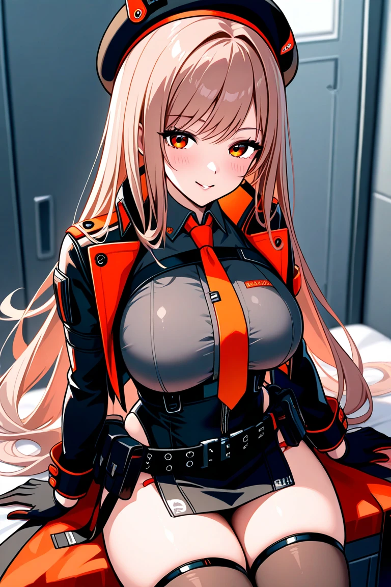 Anime girl with pink hair sitting on the floor in front of the window, Fine details. Girl front, from girls frontline, thicc, seductive anime girls, (sfv) safe to work, Marin Kitagawa fanart, Waifu, trending on artstation pixiv, Anime Huaifu, Anime girls, at pixiv, grinning evily,flatchest,Purple eyes,Purple eye,Purple pupils