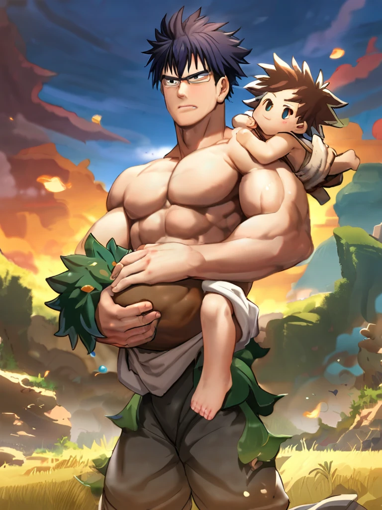 younge boy，Barefoot，Abs，adolable，musculature，A dark-haired，Martial arts uniform，Sit on the lawn，Boy，Cute boy，bare-legged，shortpants，Muscles are strong，Healthy Boy，chest muscle