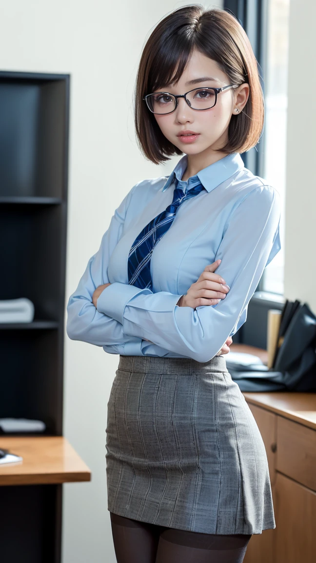 (masutepiece,High quality:1.3),(depth of fields:1.3) ,((front body:1.35)), Japanese ,beautiful woman,Chignon,Black business suit,collared shirt, business skirt,Huge breasts,(Looking at Viewer:1.3),(Full body:1.1),office