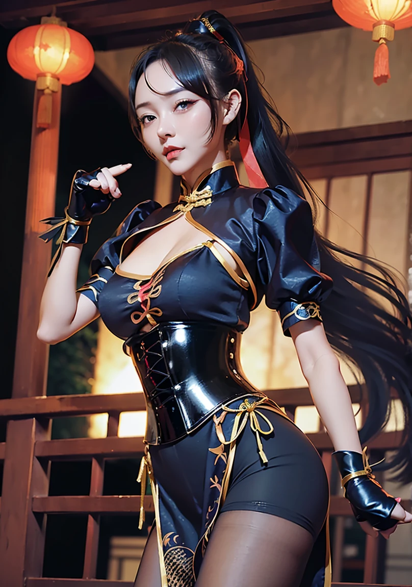 (1girl), kunoichi, long hair,black hair, pony tail, wearing red hair tie, butterfly cover hair tie, big tits, big boobs, realistic, Ultra HD, ultra detail, 70mm lens,
