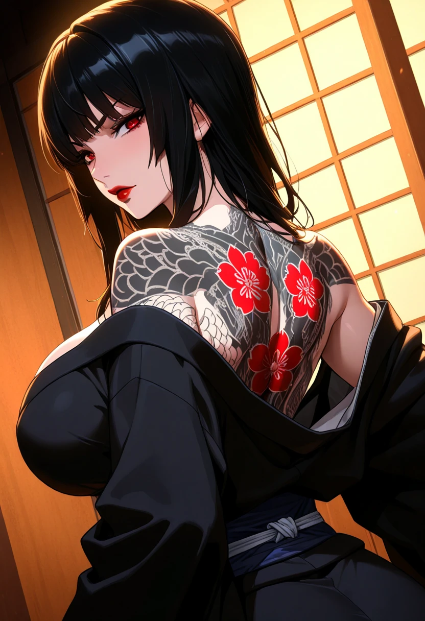 (masterpiece:1,2), best quality, masterpiece, highres, original, extremely detailed wallpaper, perfect lighting,geisha, kimono,Bare shoulder,back,Turn back,tattoo,(((Black and white))),Extreme detail,solo,Cold eyes,look up,Glowing eyes,byobu,moon,Black hair,petal, Anime girl standing in front of the moon, looking at the camera, dressed in a crusader's armor with a Christian cross on her breastplate, resting her hand on a large two-handed sword whose edge is set in the ground, black bluish hair, white black hair, glowing eyes :: photorealistic, high detail, ultra-realistic :: Studio Ghibli, Makoto Shinkai, Yoshitaka Amano inspirations :: cinematic lighting, moonlit night, dramatic shadows :: 8k resolution, sharp focus, depth of field