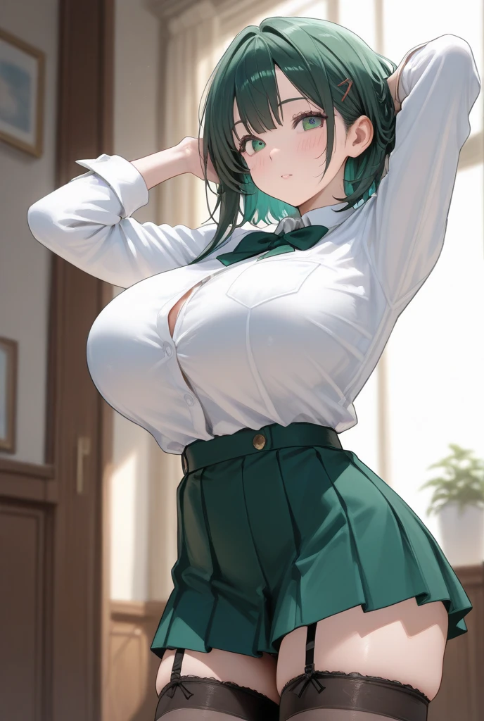 (large breasts:1.5),shiny,hair,((solo)),((masterpiece)),((best quality)),perfect anatomy,slim waist,perfect image,8k UHD,(beautiful detailed eyes:1.5),extremely detailed face,standing,(upper body:1.1),(look at the front:1.1),arms behindback,ultra-detailed,absurdres,highres,(shiny hair),classroom,green hair,bangs,teacher,semi-long hair,((sensitive smile)),white shirt,black skirt,