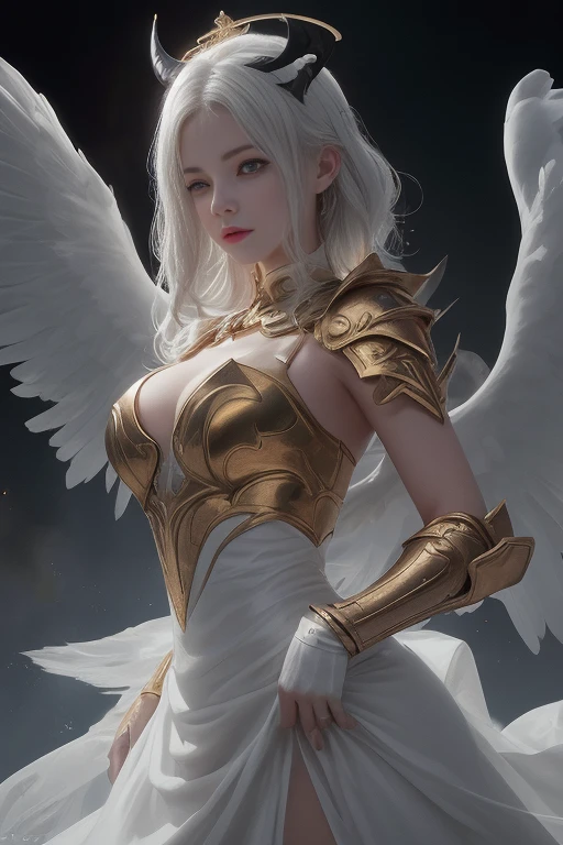 8K,White wings on the back,Arafe poses in front of a mountain wearing a white and gold exterior., small breasts(Like the real thing)personification of the white firebird,Golden eyes,real looking skin,A sexy,artgerm julie bell beeple, very detailed Artgerm, angel knight girl, Alexandra Fomina Artstation, ig model | ArtGerm, fanart best artstation, as seen on artgerm, full - body majestic angel, mystical valkyrie,超A high resolution,A hyper-realistic,enticing,Look at viewers,personification of white phoenix,wings folded on the back,Emits an intense white aura from the body(Strong white aura effect)a smile,rather small breasts, curves,,medium short gray hair,Brave look,