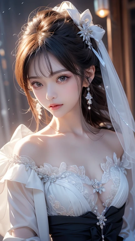 (One Girl:1.3), Cinematic Light, (Tabletop, highest quality, highest quality, beautifully、aesthetic:1.3), Very detailed,Best details,(Very detailed),, From above,(( Lying in bed)), alone, chest, Silky long hair, (Brown Hair), Roses were scattered in the flowerbed., ((suit)), ((shirt)), Open chest,Big chest,Accurate finger drawing,Anatomically correct hand
