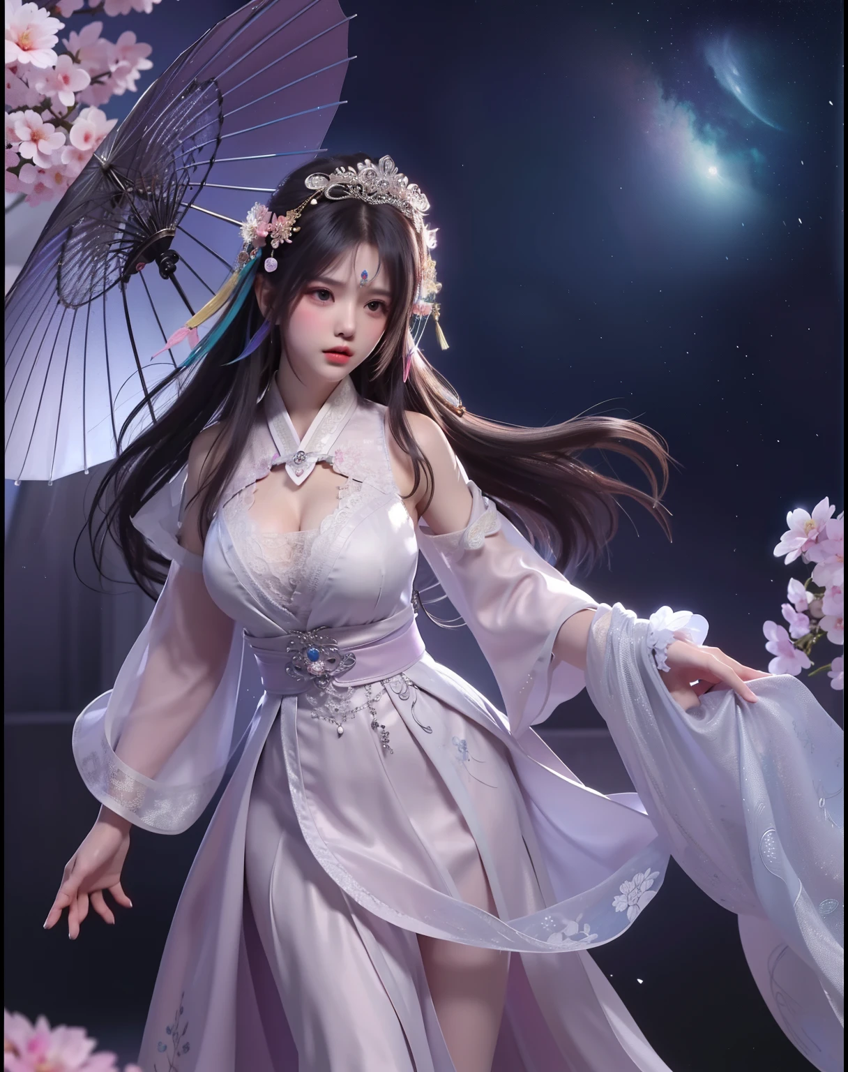 (8k, RAW photo:1.2), best quality, ultra high res,dramatic angle,(fluttered detailed color splashs), (illustration),(((1 girl))),(long hair),(rain:0.9), (Headdress:1.4),There is an ancient palace beside the girl,Hanfu,(Key Points),Color ink painting,(Splash of Color),Splash of Color,(((colorful))),(sketch:0.8) , Masterpiece, best quality, beautiful painted, highly detailed,(denoising:0.6),[splash ink],((ink refraction)), (beautiful detailed sky),moon,highly,detaild,(masterpiece, best quality, extremely detailed） CG Unity 8k Wallpaper，masterpiece，best quality，Ultra Detailed），（Lycoris）. hanfu open v open V-chested clothes Thin silk lace dress , (huge ，cleavage),, white pinkand gren，best qualtiy，tmasterpiece，Ultra-high resolution，（Reality：1.4），RAW photogr，（True skin texture：1.3），（filmgrain：1.3），（Selfie angle），1个Giant Breast Girl，Beautiful eye and face details，tmasterpiece，Best quality at best，，The chest more exposed， detailed hair, bra pink , detail 8k, upper body, lace petticoat