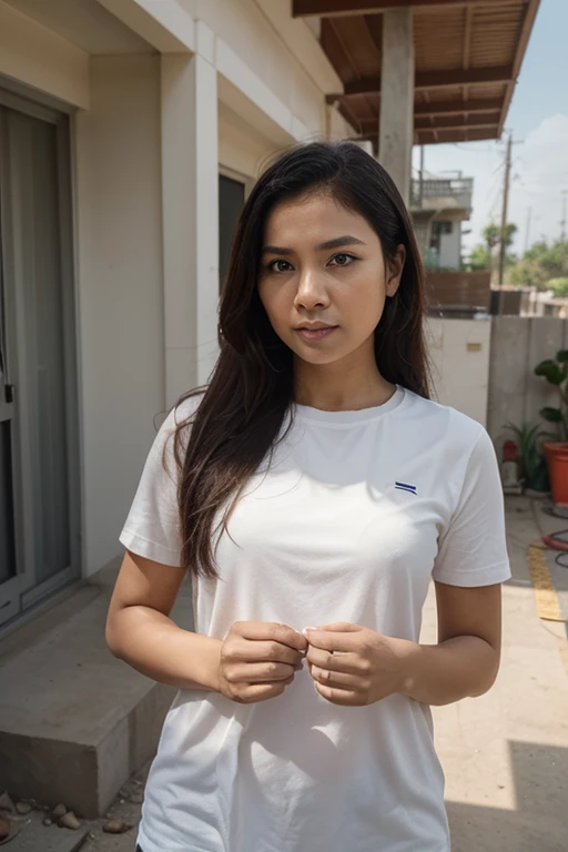 "Design a high-detail, photo-realistic image of a 28-year-old woman of Hispanic and Filipina descent. She has a slender, frame with tanned brown skin, long thick hair down to her waist, and a flat nose. She appears in a candid pose inside a condo apartment's living room in the Philippines, dressed in small shorts and a t-shirt. Her facial expression is one of anger and pouting. The image should be a medium shot, enhanced by the soft twilight colors of the evening sky visible from the room. Employ a photographic quality with a 2.8 aperture depth of field, focusing sharply on her face and hair while softly blurring the background."