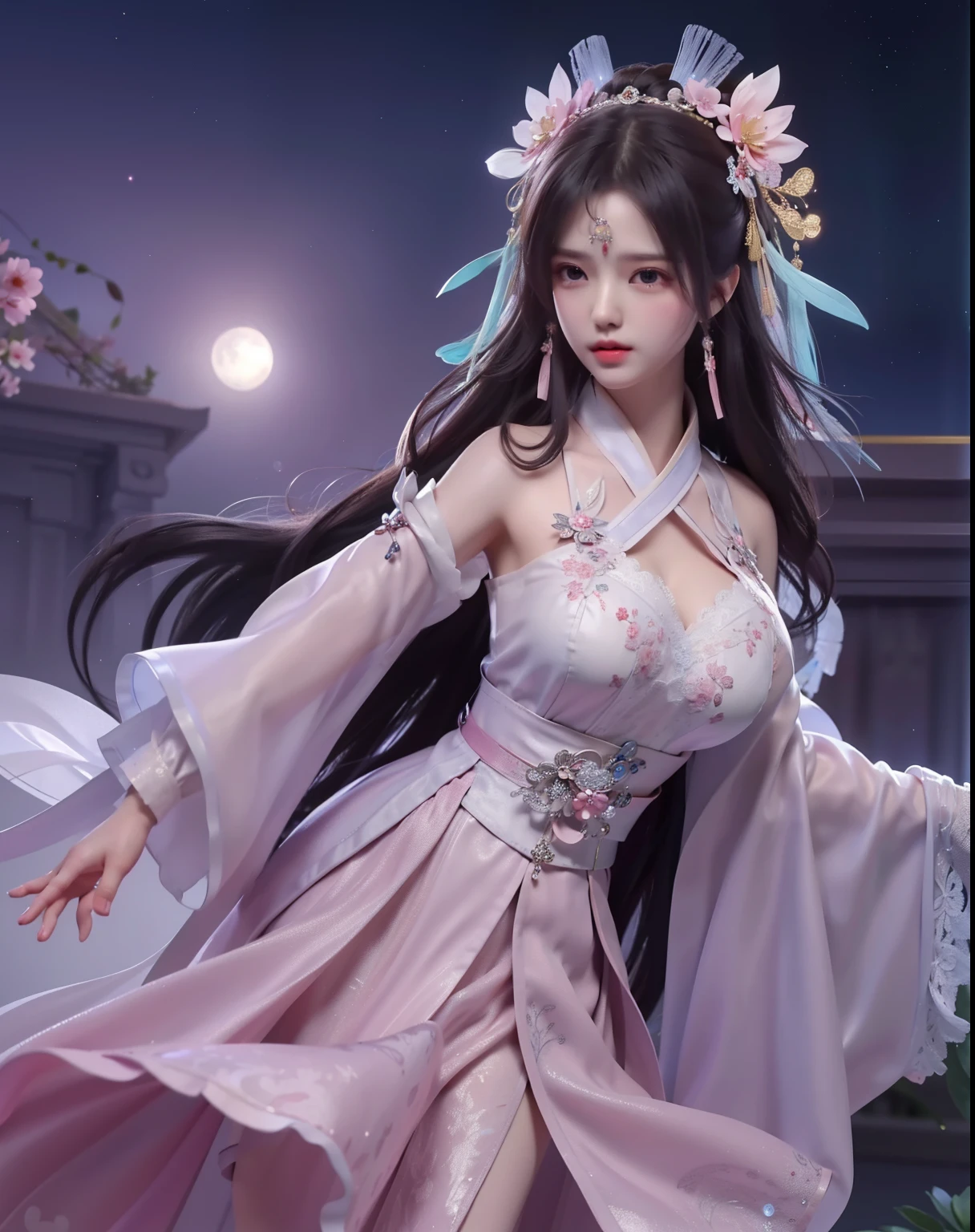 (8k, RAW photo:1.2), best quality, ultra high res,dramatic angle,(fluttered detailed color splashs), (illustration),(((1 girl))),(long hair),(rain:0.9), (Headdress:1.4),There is an ancient palace beside the girl,Hanfu,(Key Points),Color ink painting,(Splash of Color),Splash of Color,(((colorful))),(sketch:0.8) , Masterpiece, best quality, beautiful painted, highly detailed,(denoising:0.6),[splash ink],((ink refraction)), (beautiful detailed sky),moon,highly,detaild,(masterpiece, best quality, extremely detailed） CG Unity 8k Wallpaper，masterpiece，best quality，Ultra Detailed），（Lycoris）.shoulder ballet dress open V-chested clothes Thin silk lace dress short skirt , (huge ，cleavage),, white pink, blue ，best qualtiy，tmasterpiece，Ultra-high resolution，（Reality：1.4），RAW photogr，（True skin texture：1.3），（filmgrain：1.3），（Selfie angle），1个Giant Breast Girl，Beautiful eye and face details，tmasterpiece，Best quality at best，，The chest more exposed， detailed hair, bra pink , detail 8k, full body, lace petticoat, lying on bed