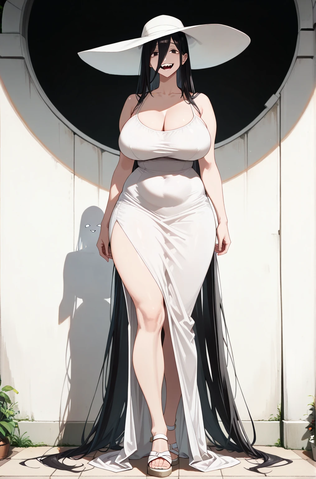 ((best quality)), ((masterpiece)), (detailed) , ((anime)), Girl, ((gigantic breasts)), long weawy hair, in the livingroom, earrings, beautiful detailed, green eyes, full body view, black nightdress