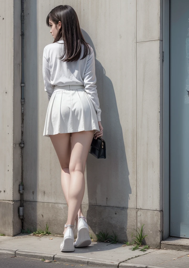A woman in high heels stood on the street, wearing a wet white short dress, wears a white dress, wearing long white togas, Wearing a white dress, Wearing a white robe, wearing white silk robe, Sexy :8, wearing heels and white dress, wearing long white togas, wearing white skirt, opened dress, wearing a cute white dress