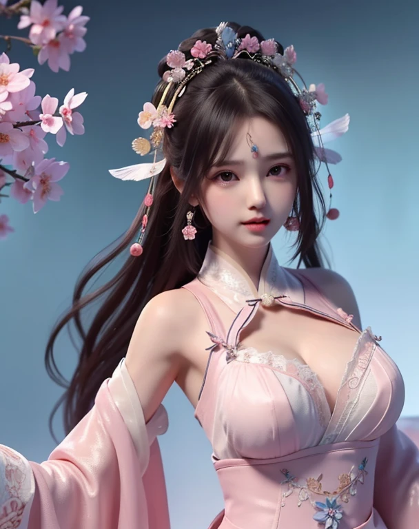 (8k, RAW photo:1.2), best quality, ultra high res,dramatic angle,(fluttered detailed color splashs), (illustration),(((1 girl))),(long hair),(rain:0.9), (Headdress:1.4),There is an ancient palace beside the girl,Hanfu,(Key Points),Color ink painting,(Splash of Color),Splash of Color,(((colorful))),(sketch:0.8) , Masterpiece, best quality, beautiful painted, highly detailed,(denoising:0.6),[splash ink],((ink refraction)), (beautiful detailed sky),moon,highly,detaild,(masterpiece, best quality, extremely detailed） CG Unity 8k Wallpaper，masterpiece，best quality，Ultra Detailed），（Lycoris）. hanfu open v open V-chested clothes Thin silk lace dress , (huge ，cleavage),, white pink and gren，best qualtiy，tmasterpiece，Ultra-high resolution，（Reality：1.4），RAW photogr，（True skin texture：1.3），（filmgrain：1.3），（Selfie angle），1个Giant Breast Girl，Beautiful eye and face details，tmasterpiece，Best quality at best，，The chest more exposed， detailed hair, bra pink lotus flower , detail 8k, upper body, lace petticoat
