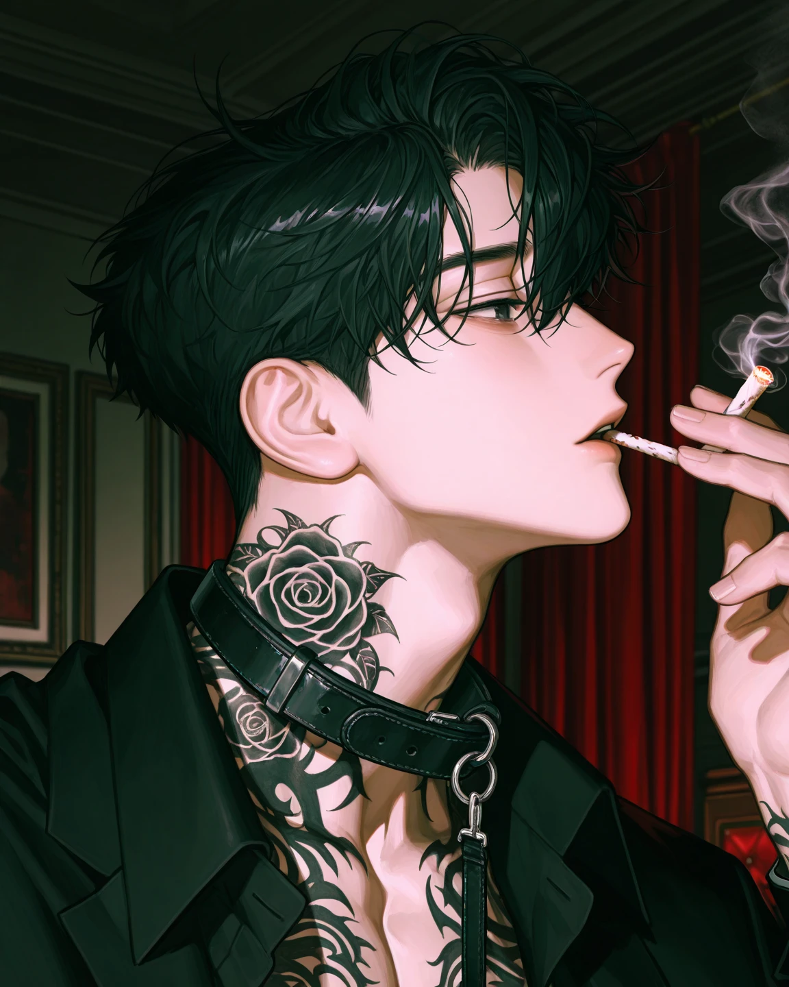 ((4K works))、masterpiece、(top-quality)、((high-level image quality))、((One Beautiful Fallen Angel Man))、Slim body、((Vampire Black Y-Shirt Fashion))、(Detailed beautiful eyes)、((Red roses and crows on fantastic black background))、Inside the Evil Castle、((Face similar to Chaewon in Ruseraphim))、((Center parting long-haired and gray-haired man))、(((white hair)))、((Smaller face))、((Neutral face))、((Red Eyes))、((Korean Male))、((18year old))、((wild boy))、((Show your teeth and smile))、((Korean makeup with black eyeshadow))、((elongated and sharp eyes))、(((Shot alone)))、((Fallen Angel))、Photos of fallen angels、Villain、Dark Proof、((Shot diagonally from the side))、King of Fallen Angels