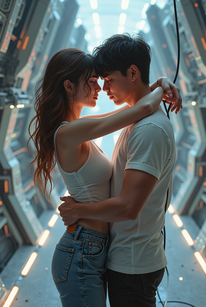 The male protagonist hugs the naked female protagonist，The heroine's sultry long legs，Super firm breasts，super beautiful woman，The male protagonist is a tall human being，scientific fiction，space ship