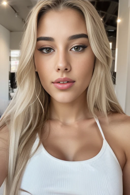A photorealistic portrait of a 26 year old, she is blonde and she look like abella danger