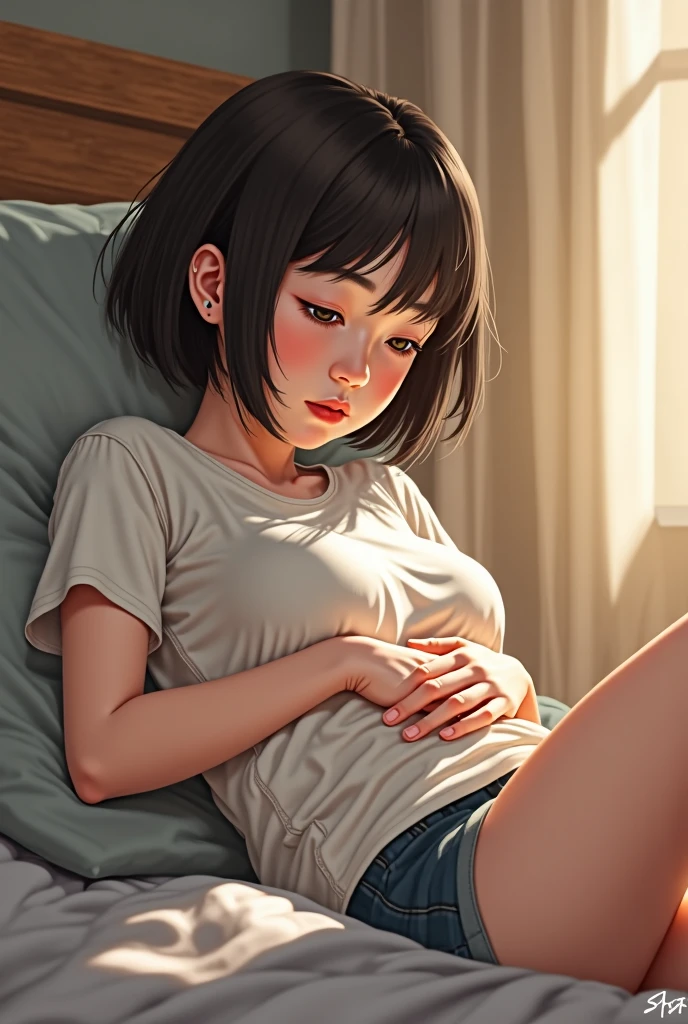 Sexy woman, short bob hairstyle, seductive gaze, blushing intensely, parted lips, desperate, flustered, lustful, orange t shirt, on bed