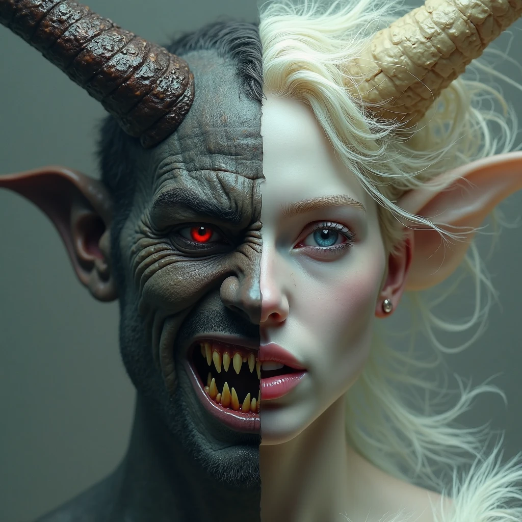 A hyper-realistic image depicting two Karnathi humanoid characters standing side by side. The male character on the left retains his imposing, muscular build with detailed, textured skin resembling that of the model in the reference image. However, his features are slightly softened to appear more human. His chest is more human-like, with less pronounced ridges, while still maintaining the strong, alien musculature. His eyes are a striking orange-hazel color, resembling a natural human eye but with a distinct vibrancy. His ears are pointed, and his skin tone is a mix of gray and earthy tones, giving him an otherworldly yet relatable appearance. The female character on the right has a more humanoid figure but retains alien characteristics such as textured, bone-like skin. Her facial features are more human, with a defined jawline and high cheekbones. Her horns are integrated into her hair, curving naturally as if they are a part of her skull, growing elegantly from her head. Her eyes are also a vivid orange-hazel, similar to the male, and she has pointed ears. Her body is athletic yet feminine, with human-like proportions, while still showcasing the alien skin textures and details. She wears minimal, form-fitting clothing that highlights her build, and the texture of her skin. Both characters are dressed in simple, functional clothing that complements their skin tones, adding to their formidable and alien presence. The background is neutral, ensuring that the focus remains on the detailed and lifelike portrayal of the Karnathi characters, mais humana possivel