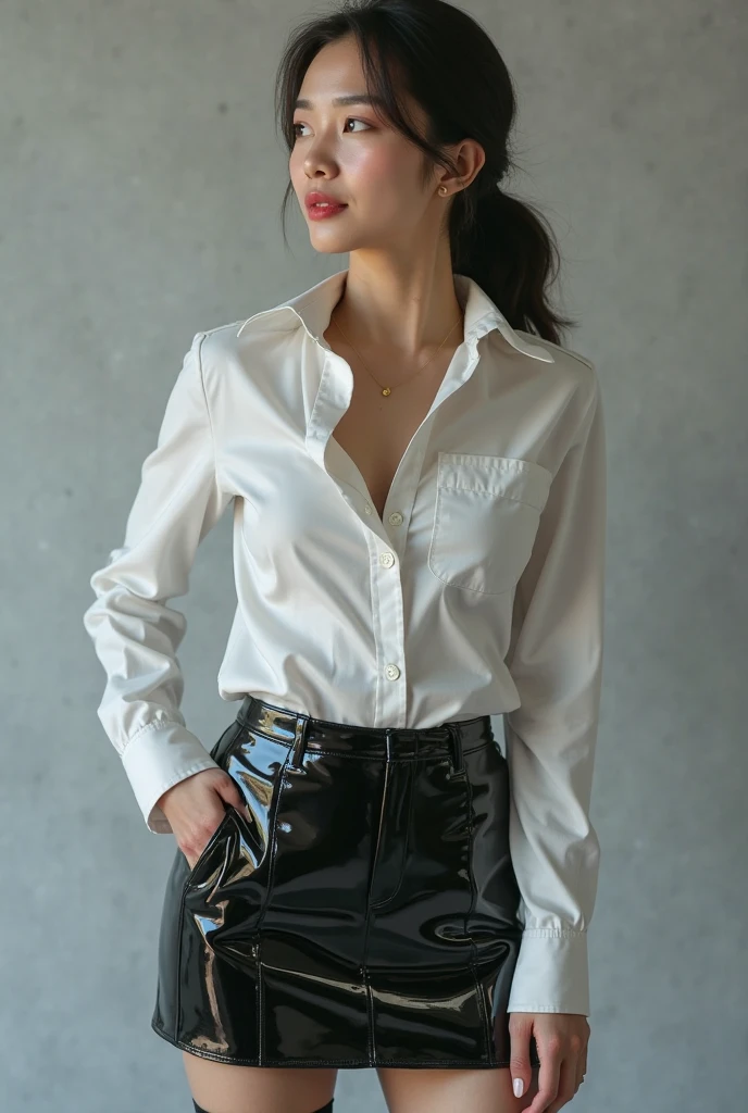 ((((Very short))))、Earrings、Collared shirt、、((((blunt bangs)))) ((Short bangs))、trimmed bangs、(((Inside of a fashionable clothing store)))、(masterpiece、highest quality、In 8K、32k、masterpiece、Hmph、Super huge 、超A high resolution、Impressionism、Photorealistic:1.2)、Cowboy Shot、Sharp focus、Beautiful face with detailed background of face and eyelids、Blue sky、Glowing Skin、Sharp pupils、Realistic eyes and beautiful face、Blurred Background、Beautiful 28 year old girl、Glowing Skin、(((bright and beautiful hair)))、Iris、(((Simple blouse)))、(Knee-length skirt)、(Very few(Blanche)I see scanti:1.45)、Thighs Thighs Thighs Thighs、curve、Dynamic pose、Powerful composition、((Melancholic expression))、((A look of contempt))、sweating、((Pink gold hair color))、Lace panties、((Source Order))、High nose、(Small Mouth)、Skirt rip、((Grab the skirt))、stockings、Pubic hair is visible、clerk、(Wearing a name tag)