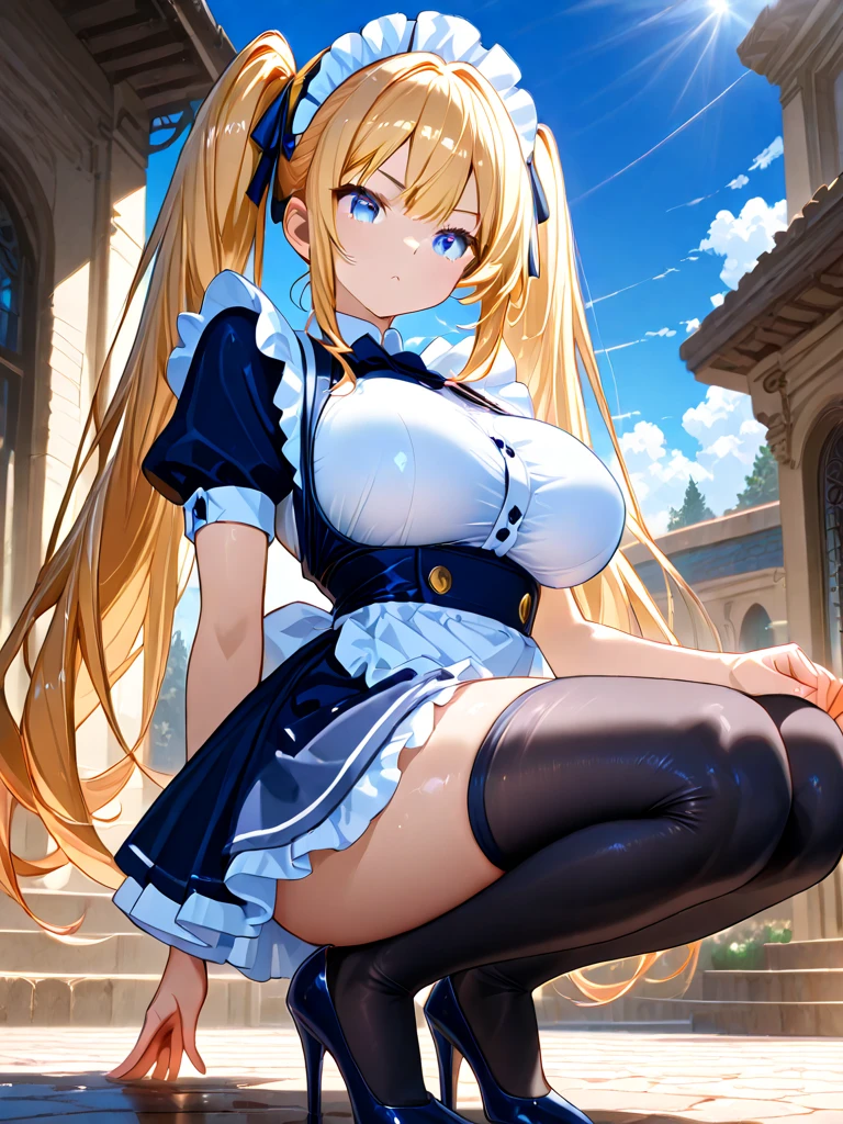 ((highest quality、High resolution、8k、masterpiece:1.3))、dynamic angle、I can see the whole body、wallpaper、1 girl、unparalleled beauty、ultimate beauty、super detailed face、delicate eyes、smile shyly、sexy look、written boundary depth、particles of light、side light、long hair、blonde、maid、宝石で装飾されたmaid服、maidスカート、(lifting the skirt with both hands)、((She shyly lifts her skirt to reveal her white panties.))、open chest、big breasts、cleavage、Thighhighs、thighs、slim、thin、old castle at night