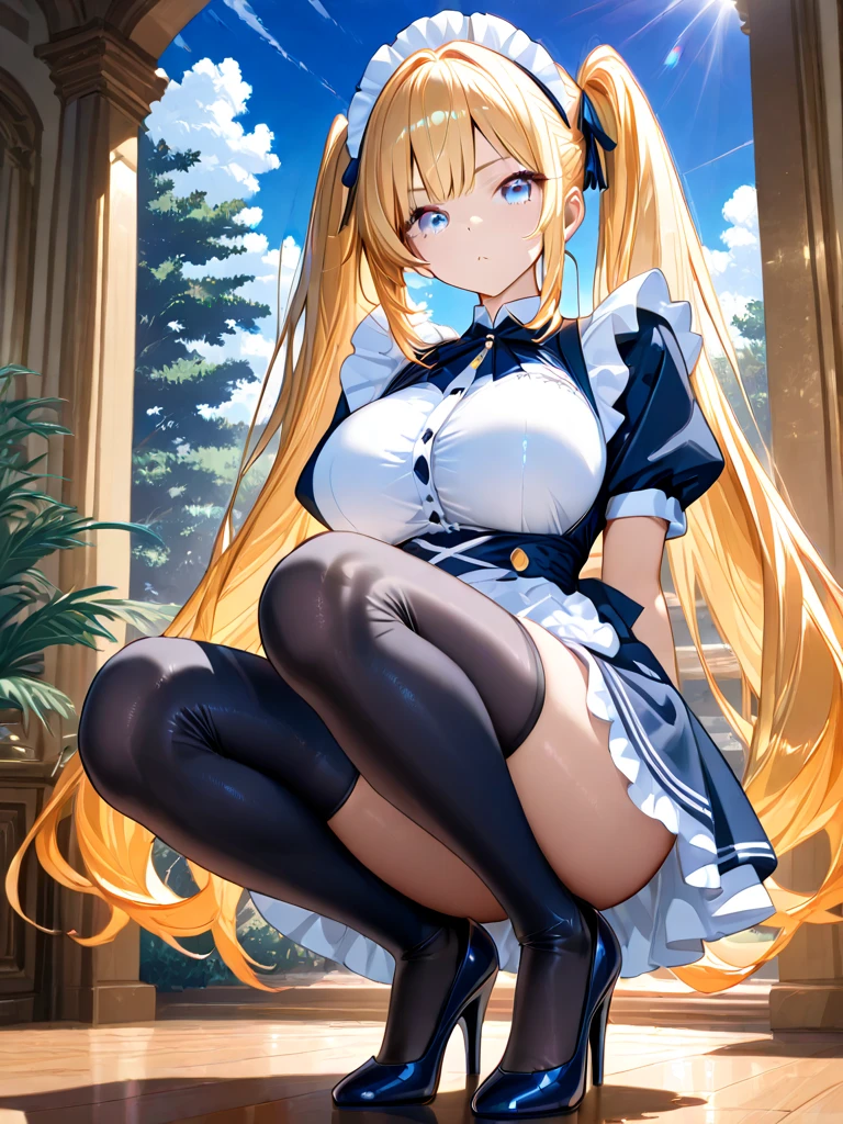 1girll,anime big breast,Get wet all over your body，(transparent panty:1.4),Best quality, hyper HD, High detail，Cock your ass，Turn Back，angle from behind,blonde with blue eyes，long whitr hair，spread thighs，florals， Bow knot， Blushlush,