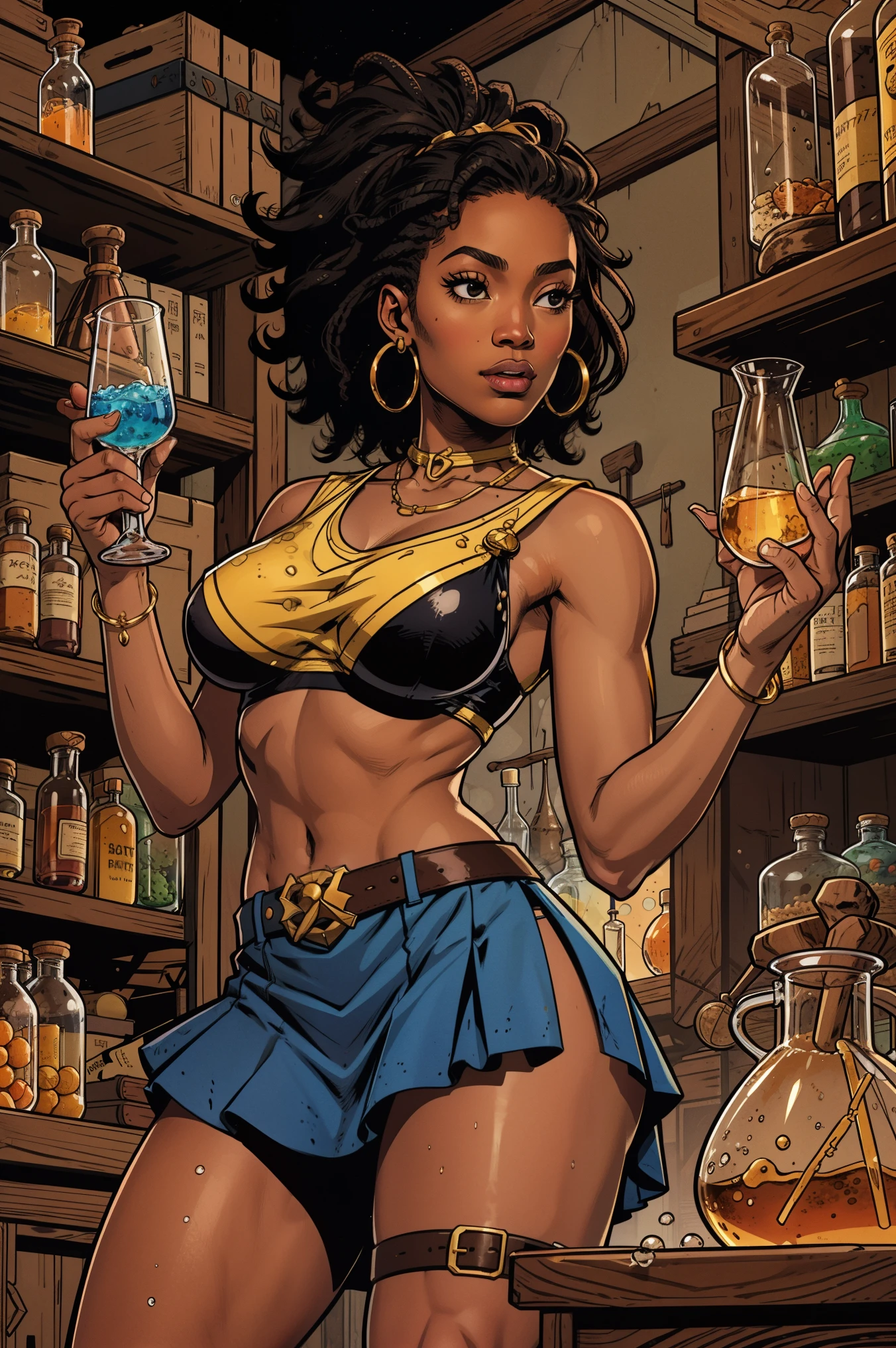 ((best quality)), ((masterpiece)), (perfect face), (detailed), damaged destroyed radioactive laboratory, (large cylindrical containment glass broken centered in foreground), detailed realistic face, (tall muscular nerdy dark-skinned Haitian scientist woman with long braided hair, small breasts, full lips, round nose, glowing amulet necklace, golden jeweled armlets, standing hurt, violet iridescent slimy alien symbiote taking over body, side of frame), fumes and smoke along ceiling, (large Cannabis indica plant in sci-fi clear container fumes escaping), in style of Marvel comics