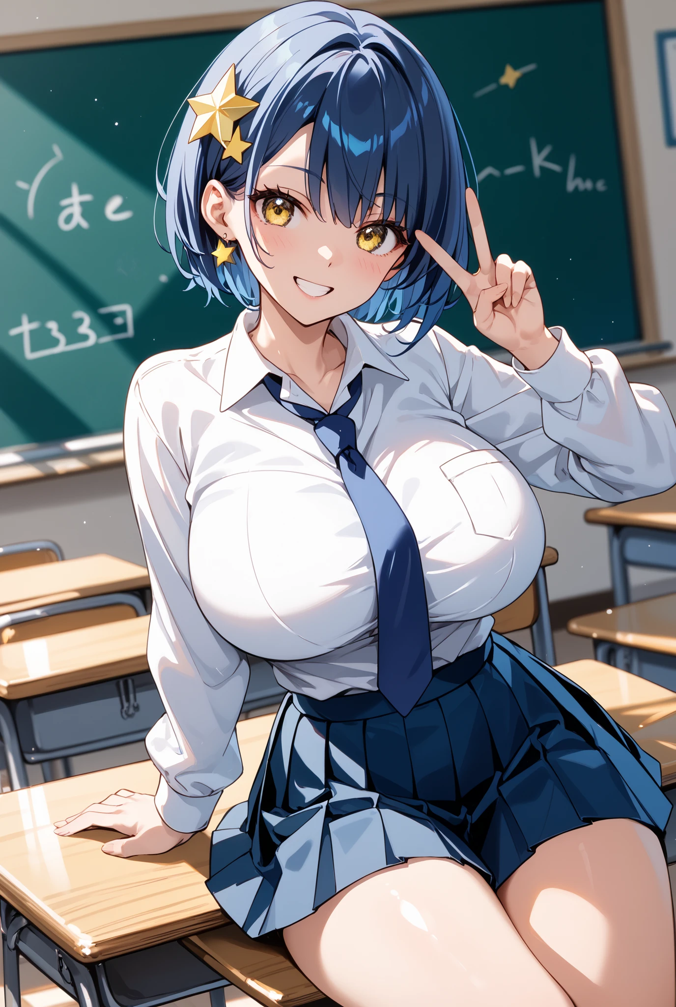 <lora:IgawaAsagiXL:0.8>, IgawaAsagi, 1girl, curvy, large breasts, short hair, hair up, folded ponytail, black hair, blue hair, green eyes, white blouse, frills, pencil skirt, pantyhose, , indoors, classroom, <lora:takedaXLP6lokrV2233:0.8>, score_9, score_8_up, score_7_up, score_6_up
