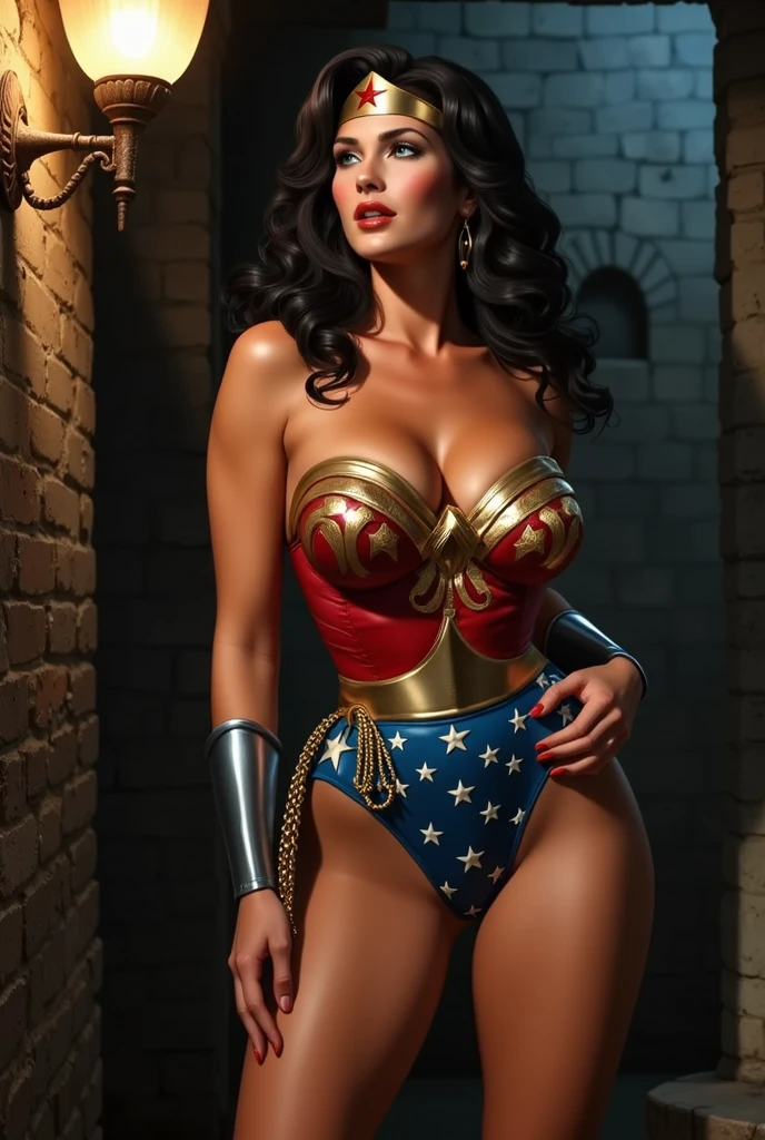 (masterpiece), NSFW. outline, beautiful detailed eyes, (blue eyes), highres, original, hyper quality, eyeshadow, eyeliner, ( sexy skimpy strapless skin-tight, latex Wonder Woman CAMELTOE pussy-thong costume) (photorealistic), beautifully detailed hair, serious expression, defined detailed face, minute details, (collapsed industrial factory background), (wonder woman), (medium hair), (black hair), large breasts, high-cut, thong, cameltoe, micro-bikini latex panties,thigh gap, SCARED, EMBARRASSED, almost nude, her costume is torn; shredded exposing her soft bruised body. she's dirty, sweating, bruised and battered. she was defeated brutalized and humiliated by the villain brutalis!, side view