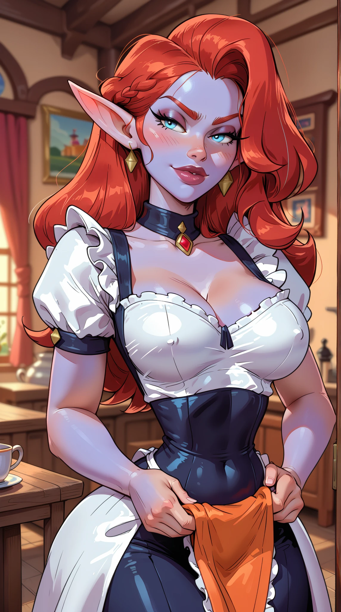 (A red-haired girl in a medieval castle bedroom, detailed facial features, beautiful eyes, long curly hair, pointed ears, full lips with small fangs, large bust and hourglass figure, clumsy but cute maid outfit, glamour photography, sharp focus, dynamic lighting, photo-realistic, 8k, best quality, masterpiece)