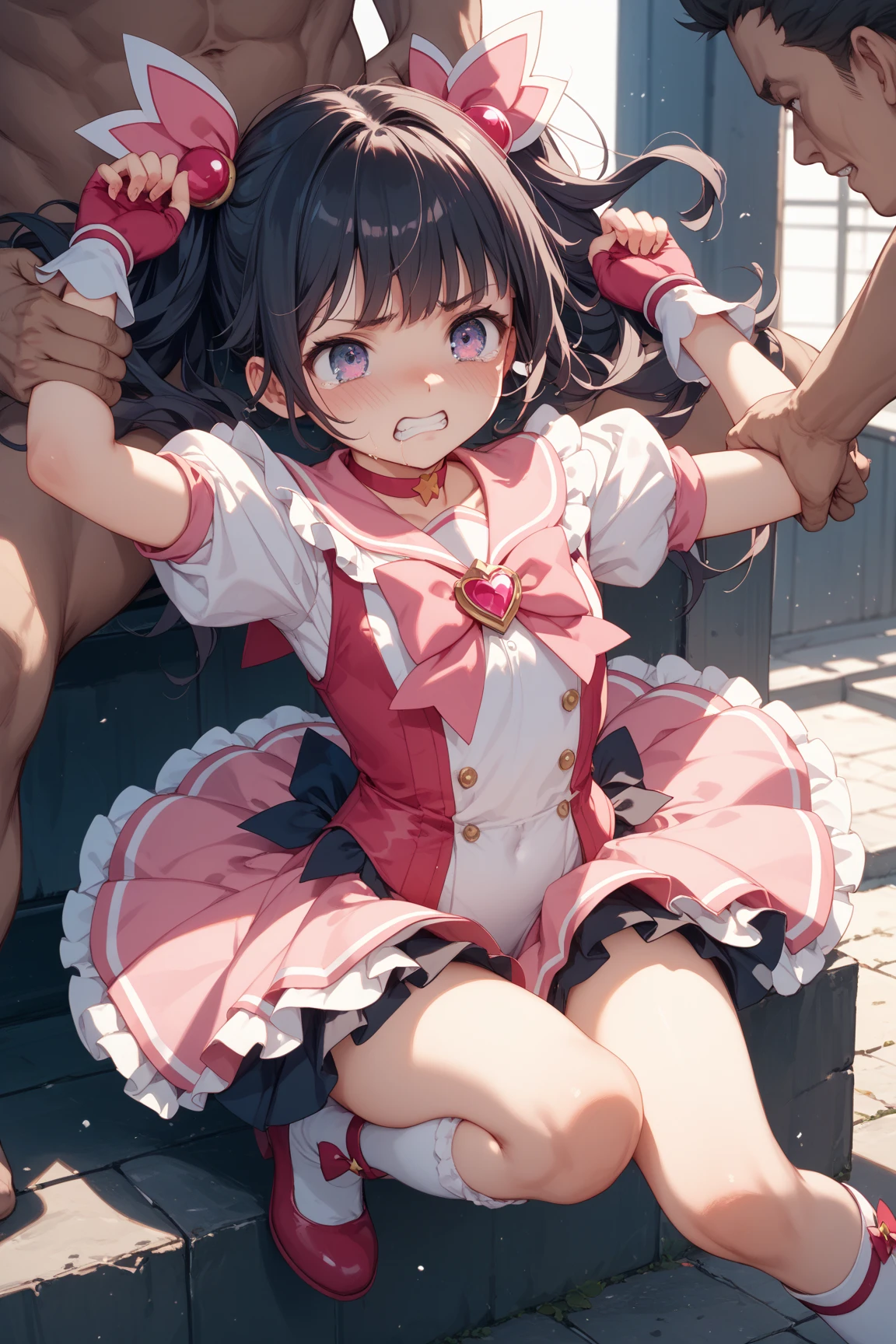 masterpiece, Highest quality, Nico_Yazawa,High resolution, 1 Girl, alone, Brown Hair, short hair, Twin tails、Purple eyes, Cowboy Shot, Frill dress, , Pink Dress, (Cleavage)、(Beautiful thighs)、city, Outdoor, garden, Carrying a red backpack, (randoseru backpack:1.2) Sweaty、Thick thighs、Highest quality、4K、1girl, 8years old, loli, cute, grin, 、Skirt lift striped underwear、In the city、Many passersby are surrounding the girl.、、Thick thighs、Ahegao、Men holding their penises and surrounding girls、Semen from the penis、Bukkake、Bukkake、（Bukkake）
