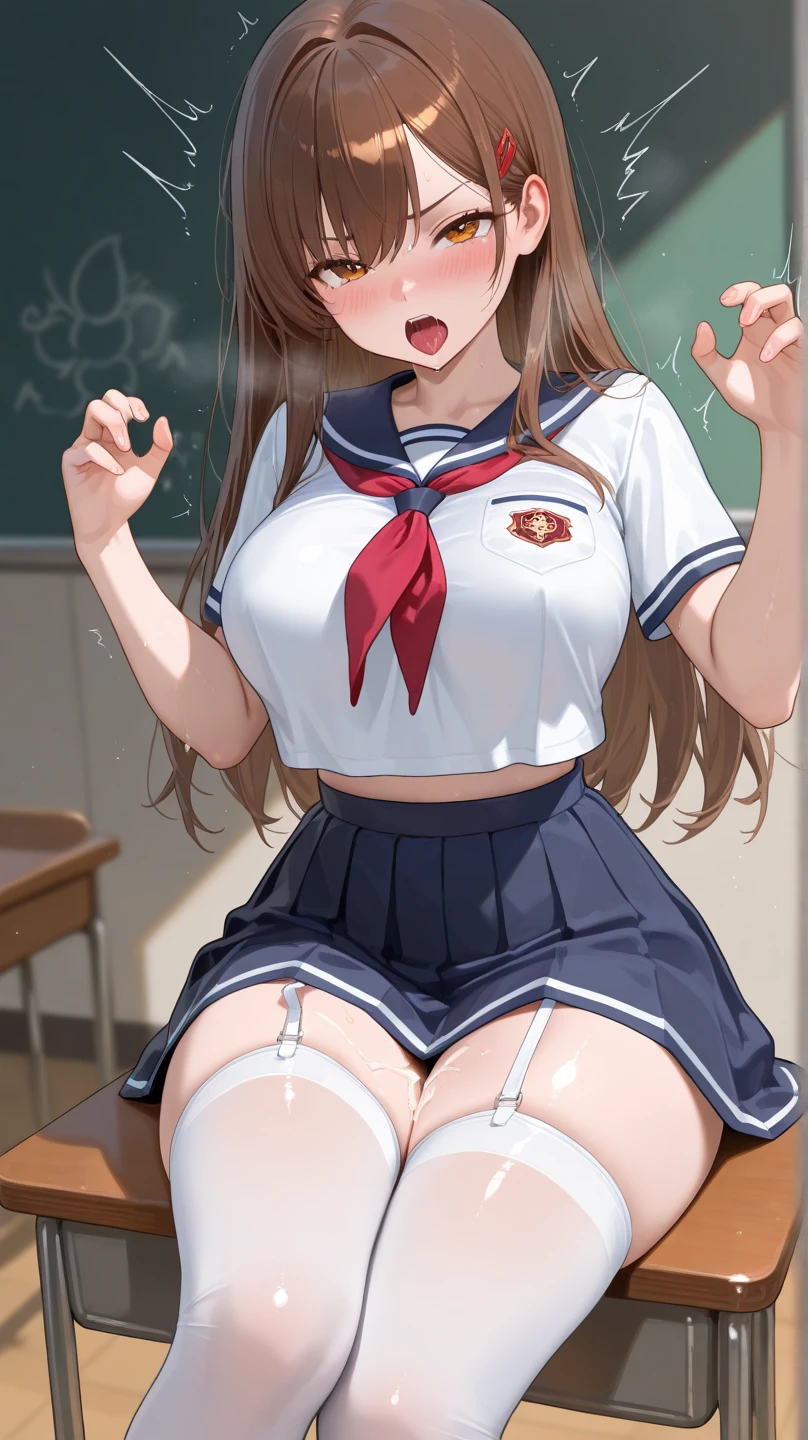 ((8K masterpiece,highest quality)), ultra high resolution, hyper detail, (1 girl), beautiful face, beautiful and delicate eyes,((red eyes)),Big eyes,shining eyes of light,Thin and long eyelashes,detailed light,((brown hair)),((long hair)), ((twin tails)),big breasts,school uniform,hair clip,hair ribbon,blitz short skirt,white knee high socks,light pink panties, Panty Pose, panty shot, (grinning smile),troubled face,(please open your mouth wide),(classroom),stand in the center of the screen,blue sky with clouds, Nice views, rainbow in the sky, particles of light, daytime, sunbeam,gust of wind,sense of speed, cowboy shot