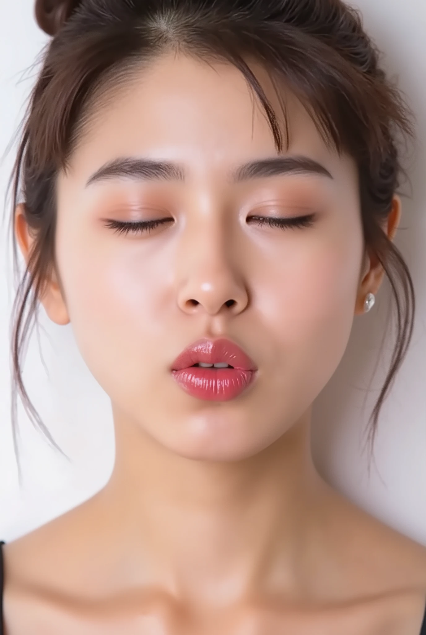ultra-detailed close-up of a cute and beautiful young woman, collarbone-up composition, white studio background, soft diffused daylight, high-key exposure, clean and vibrant modern color grading, realistic smooth skin with visible pores and subtle peach fuzz, matte facial skin texture, slightly flushed cheeks and ears for a shy expression, big kawaii energy, soft facial features, full glossy lips in a rounded O-shape kiss, lips protruding with intense shine and shimmer, vibrant cherry pink lip gloss as the only makeup, chin gently raised with a subtle upward stretch, camera angle from 35–45 degrees above, face and head perfectly framed, dreamy euphoric smile with eyes gently closed, black camisole strap visible, soft head tilt, hands behind the back and out of frame, ultra-soft background bokeh and facial contour blur to emphasize lips, longing expression, dere-dere mood, cute and loving aura, subtly tilted mouth for added sweetness, youthful and modern hairstyle with airy light layers