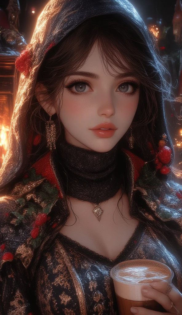 36k, portrait Camilla Belle, wearing Santa Claus corset, against the background of a Christmas tree, character portrait, 7 9 9 0 s, long hair, intricate, elegant, highly detailed, digital painting, artstation, concept art, smooth, sharp focus, illustration, art by wlop, charlie bowater and alexandra fomina