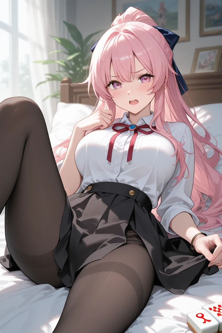 score_9, score_8_up, score_7_up, score_6_up, score_5_up, score_4_up, source_anime, 1girl, to call to yourself, bed, she was lying down, pink hair, long hair, red eyes, shackles, putting arms, smile, messy hair, white shirt, bracelets, skirts, black thigh high boots, heels, room, night, windows, best quality, best res, 4K UHD,
