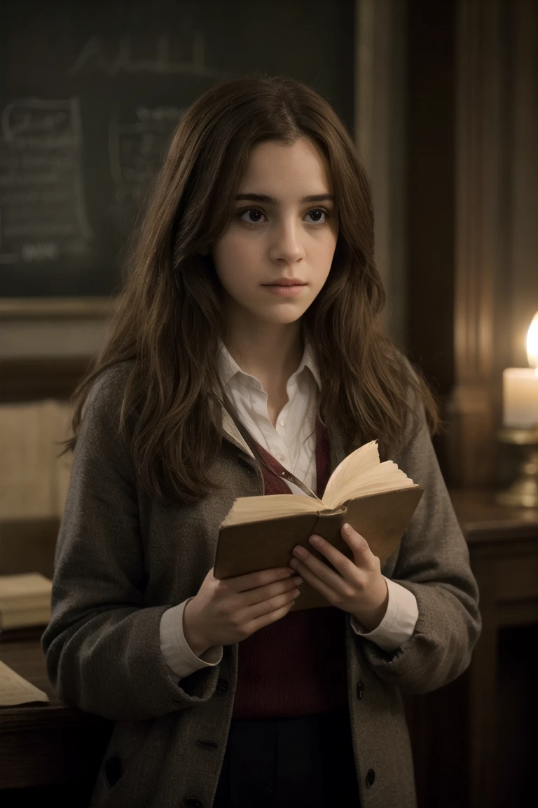 Create an image of Hermione Granger from the Harry Potter series.
Description:
A young girl with bushy brown hair.
Wearing a with a black robe.
Holding a book or a wand.
Background: A magical setting, such as a castle or library.