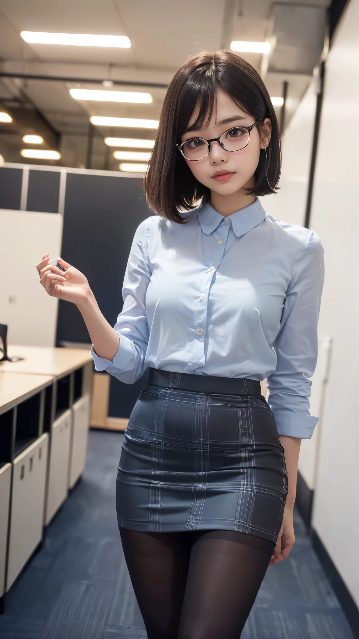 (masterpiece:1.2, Highest quality), (Realistic, photoRealistic:1.4), 1girl,short hair,Glasses,Shiny purple satin blouse,Black tight skirt,stockings,(Strap ID Card),50 years old,赤いルージュのPlumpとした唇,Round face,Plump,(eye contact),Office in a high rise building,(I sat at my computer desk and turned around.),sunset,A capable female secretary giving advice
